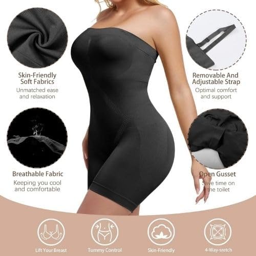 Image of Women's Seamless Tummy Control Shapewear Bodysuit with Adjustable Straps | Slimming Full Body Shaper with Shorts | Body Compression for Under Dresses (Pack of 2)