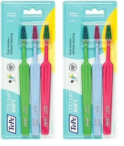 TePe Colour Select Soft 2 + 1 – Set de 3 cepillos de dientes – Cepillo de dientes manual de textura suave – Kit de limpieza dental en colores variados (Paquete de 2)