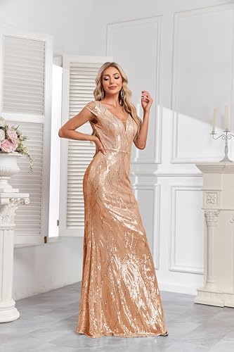 Image of XUIBOL Womens Sequined Short Sleeves Long Formal Dress with V-Neck for Evening Event Nightout Club Gown Paillette Champagne M