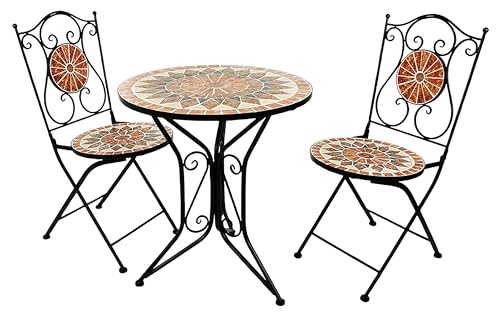 Kobolo Tischgruppe MOSAIK 1 Tisch rund 2 Klappstühle Metall Mosaik schwarz...