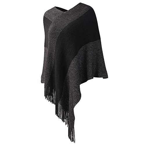 Image of Womens Poncho Sweater V Neck Striped Pullover Soft Scarf Wrap Cape with Fringes