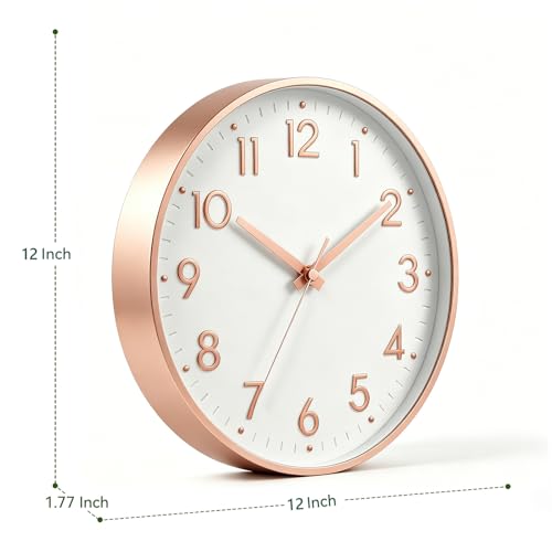 Image of Mosewa Wall Clock 12 Inch, Battery Operated Silent Non-Ticking Modern Analog Clock Decorative for Kitchen, Bedroom, Office, Living Room(Rose Gold)