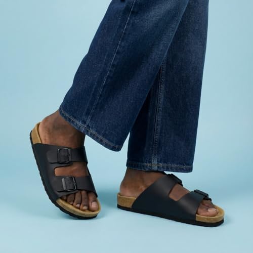 Image of CUSHIONAIRE Lane Cork Footbed Mens Sandals, Adjustable Buckle Comfort Slides for Men, Genuine Leather Insole Summer Sandals Men Footwear