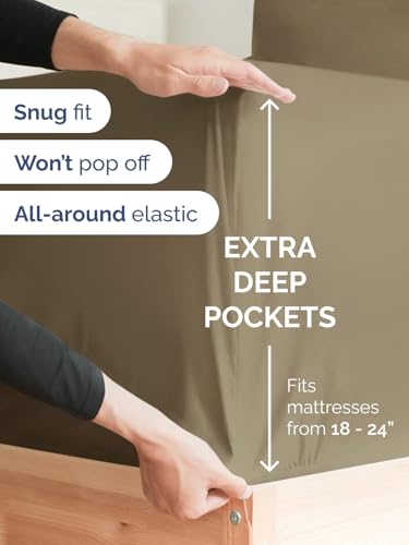 Image of Extra Deep Twin Fitted Sheet - Single Fitted Sheet Only - Khaki | Easily Fits 18 inch to 24 inch Mattress, Soft, Wrinkle Free, Breathable & Comfy, Extra Deep Pockets Hotel Luxury Fitted Sheet