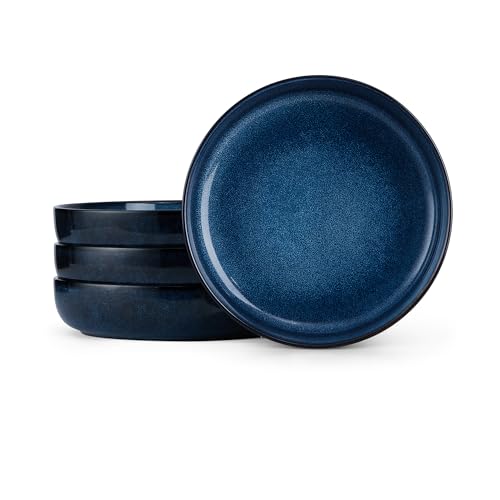 E-far - E-far Pasta Bowls Set of 4, 35oz Ceramic Large Salad Plate Bowls for Kitchen, Wide and Shallow Design for Serving Soup Pasta, Double Reactive Glaze, Dishwasher & Microwave Safe, Deep Sea Blue