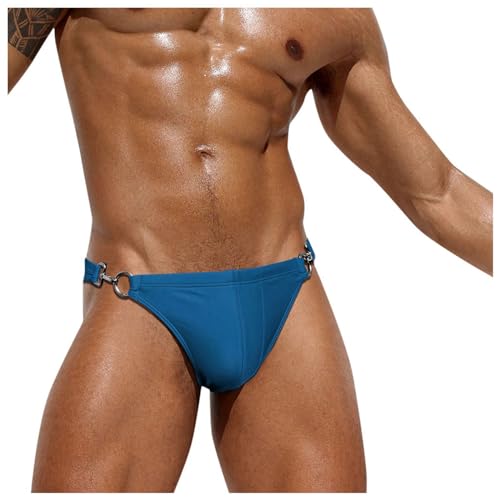 Mens Swim Briefs Low Rise Sexy Tong Swimsuit Fashion Bikini Swimwear with Side Metal Buckle Blue Large