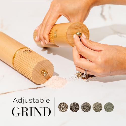 Styled Settings Wooden Salt and Pepper Grinder Set with Gold Accents – Refillable Wooden Manual Salt and Pepper Mill Set with Adjustable Ceramic Mills & Matching Wood Stand - Ideal for Gifting - Image 4