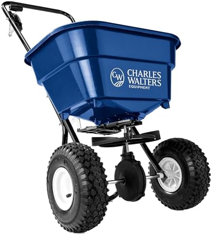 Charles Walters Equipment CW2000 Estate Style Broadcast Spreader for Spreading Fertilizer and Ice Melt on Lawns, Sidewalks, and Driveways, 65lb Capacity, 35"" x 35"", Blue