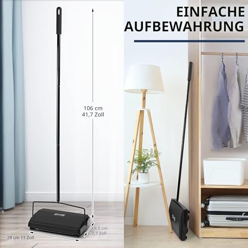 JEHONN Teppichkehrer Ohne Strom mit Rosshaar, Leicht und Kompakt Staubsauger Teppichroller für Haustierhaare, Kleine Schmutzpartikel (Schwarz)