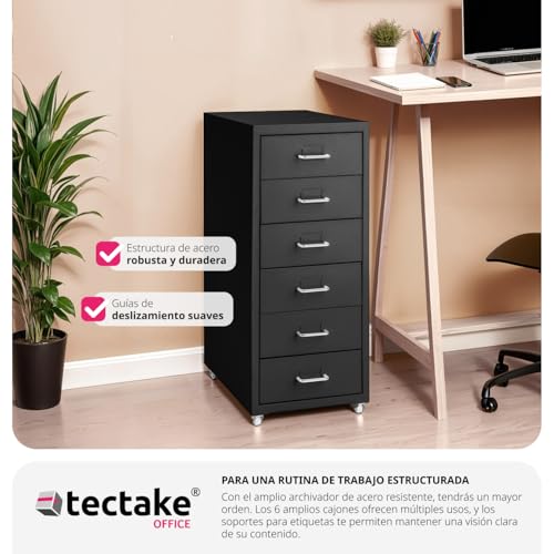 tectake® Cajonera con Ruedas de Metal, 6 Cajones para Almacenamiento, Oficina y Despacho, Cajonera Escritorio, Cajoneras, Armario Interior, Armario Bajo - Negro - imagen 6