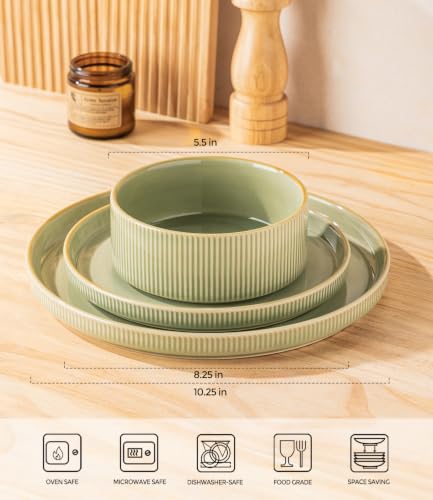 Image of Ceramic Dinnerware Set for 4, 12-Piece Plates and Bowls Set | Lightweight Porcelain Dish Set, Scratch Resistant, Oven & Microwave & Dishwasher Safe, Duck Egg Green