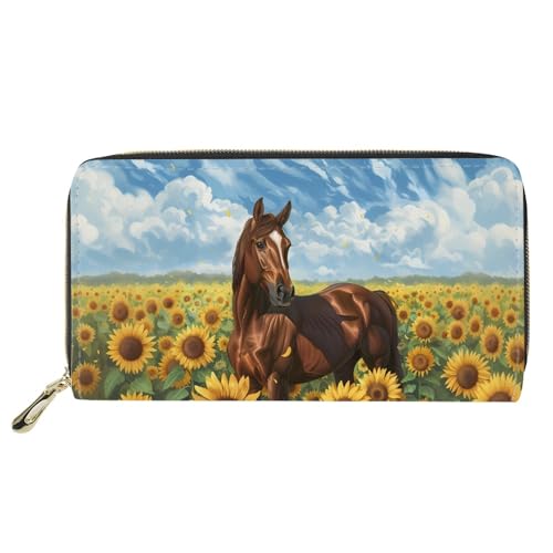 JOAIFO Sunflower Horse Blue Sky Print Wallet Womens PU Leather Passport Holder Portable Clutch Travel Coin Purse Card Phone Holder with Zipper