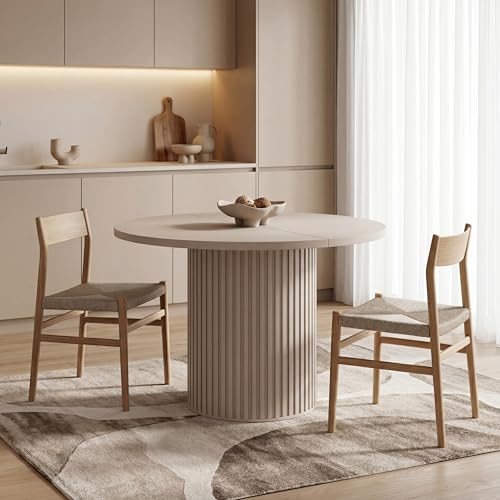 WFL GROUP Runder Esstisch Ausziehbar von 100 cm bis 190 cm Verlängerbar Esszimmertisch Küchentisch in Lamellen-Optik Oval Säulentisch Sandbeige