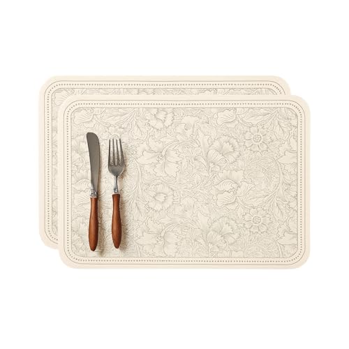 Image of Leather Placemat Cream Floral Design with Border | Heat Resistant, Waterproof, Non-Slip, Easy to Clean Faux Leather Dining Table Mats (Set of 2)