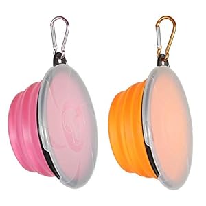 SLSON 2 Stück Hundenäpfe Faltbare Reiseschale, auslaufsichere Hundenapf mit Deckel und Haken Tragbare Silikon Trinkschale für Katzen,Hunde Wanderungen and Camping (350ML, Orange und Pink)