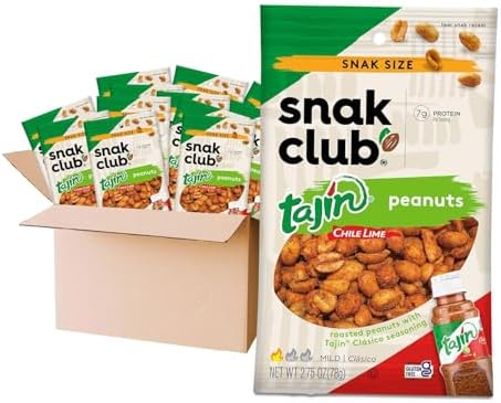 Snak Club Tajin Peanuts, Roasted Nuts with Chili and Lime Seasoning, Mild, 2.75 oz Snack Bags, 12 Pack