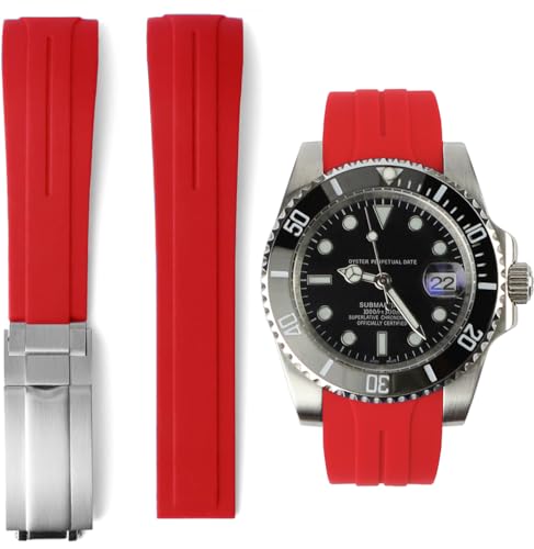 20mm Curved End Rubber Watch Band for Rolex Citizen Casio BALL UNION ORIENT Watch Strap Breitling,Omega,Tudor,Longines,Seiko Watchband Tear Resistant Dustproof with Deployment Clasp Bracelet Wristband (20mm, Red silver) -  Sight Focus