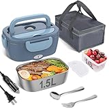 Vabaso Electric Lunch Box Food Heater, Electric Heating Lunch Boxes Lunch for Adults/Men/Truck/Car/Work, 80W 1.5L Removable 304 Stainless Steel Container, 110V/12V/24V, with Fork & Spoon