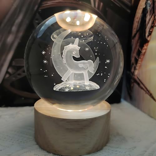 Image of 3D Crystal Ball Night Light with Wooden Base, Aesthetic Clear LED Lamp for Home and Bedroom Touch Switch, Warm Light for Kids and Teens Perfect Birthday & Anniversary (Unicorn)