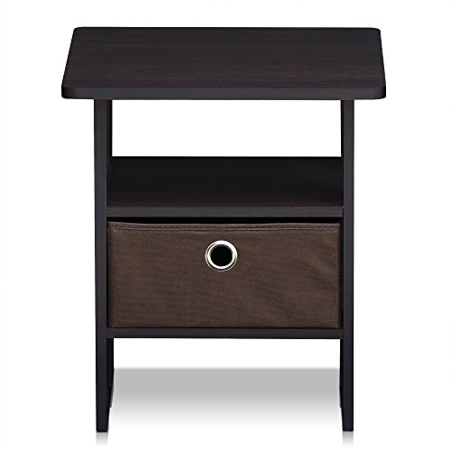 Image of Furinno ANDREY Square Side Table, End Table, Night Stand, Dark Walnut | Open Shelves and Storage Bin, Bedside Table, for Living Room, Bedroom