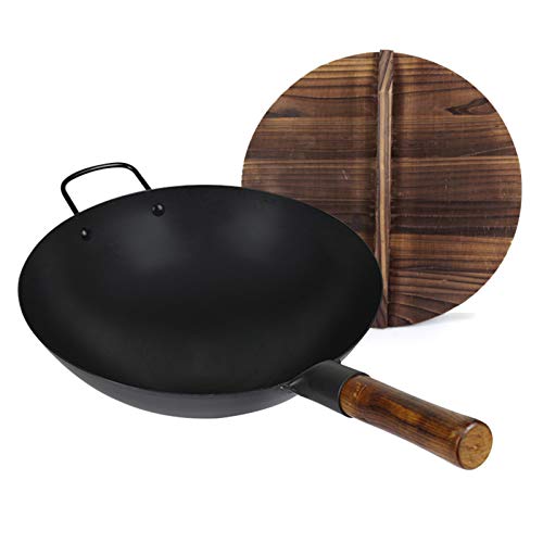 Wok tradicional hierro sin revestimiento con tapa y mango de madera miniatura 1