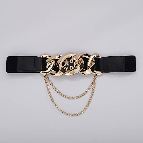 Jumwrit Black Leather Elastic Belt Punk Rock Stretch Waist Belt for Dress Ladies Skinny Wide Chain Belt Gold Tassel Chain Waist Band for Women(Style 1)4