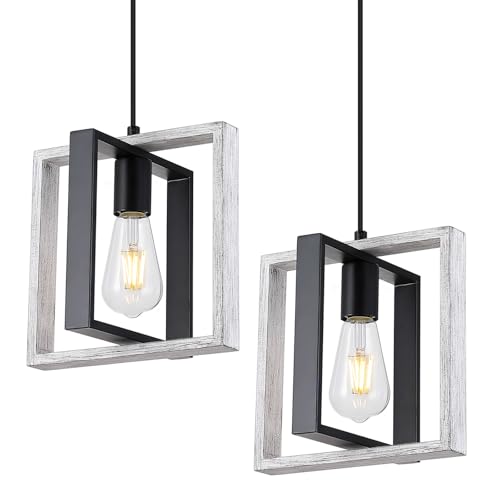 9MMML Wood Pendant Light Kitchen Island Set of 2, Farmhouse Hanging Lamp with 62'' Height Adjustable Cord, Small Grey Ceiling Pendant Light Fixture for Dining Room, Entryway, Foyer by 9MMML - Used condition - CA$49.29