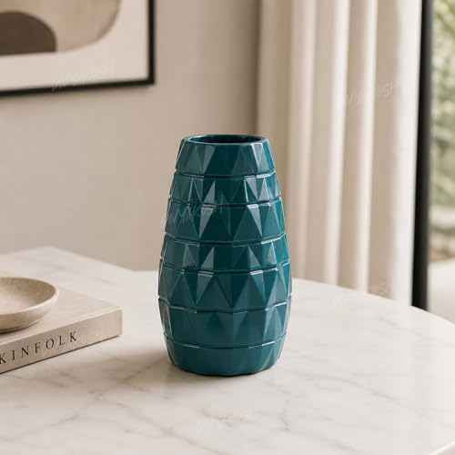 Image of Divyakosh Decorative VASE ONLY for Home Decor | Geometric Flower Vase for Center Table, Bedroom,Office & Shelf Decoration| Home Decoration Items for Living Room| Decorative Items|Teal Green Pot |