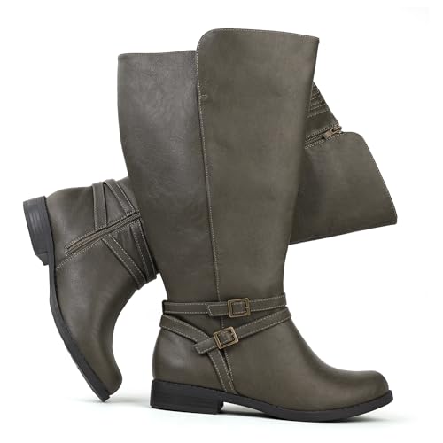 Chicblooms Women's Super Extra Wide Calf Side Zipper Double Buckle Knee High Riding Boots, Olive PU, 10 M US