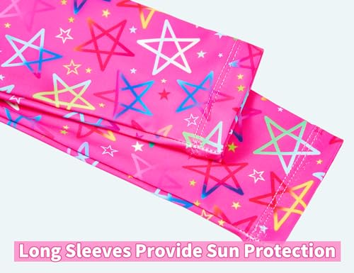 Image of Snowheart Bathing Suits for Girls Size 9-10 Years Old Rose Red Stars Long Sleeve Quick Dry Swimsuits