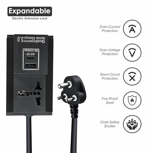 Image of MX Extension Board with USB-C PD 65W & USB-A Port - Universal 3-Pin Socket, 6A to 13A, Flame-Retardant Body, Safety Shutter, 1.5 Meter Heavy-Duty Cable, Power Strip for Home & Office
