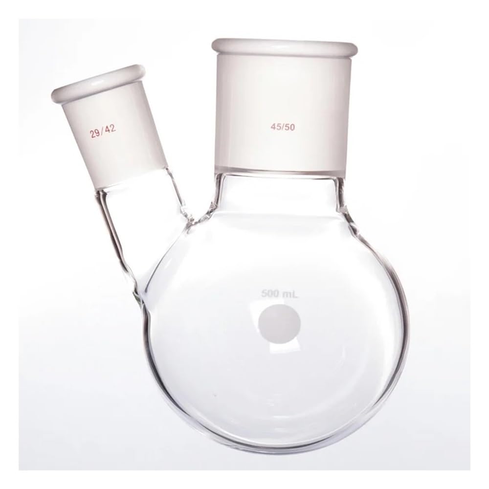 Laborglaswaren Dickwandige, schräge Flasche mit zwei Hälsen, Form eines Zweihalskolbens, Fassungsvermögen 500 ml, Borosilikatglas, F41(500mL-F414509)