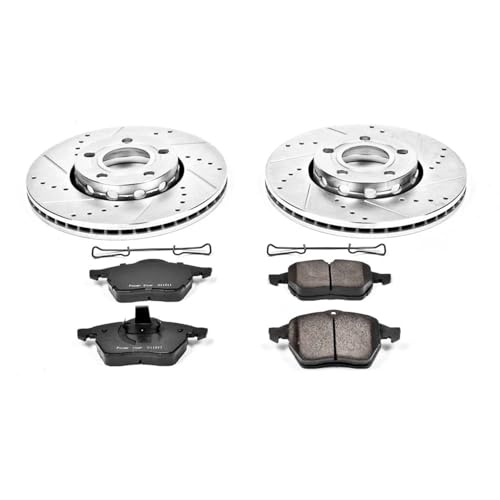 Image of PowerStop Front Brake Kit for Audi A4 1996-98 | Audi A4 Quattro 1996-98 - Drilled and Slotted Disc Rotors with Carbon-Fiber Ceramic Brake Pads Replacement, K3103