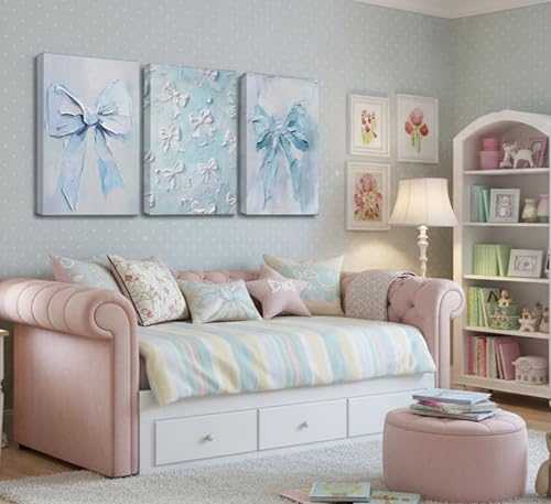 Image of 3Pcs Trendy Blue Bow Canvas Wall Art Vintage Cute Preppy Watercolor Bow Painting Pictures Wall Decor Posters Prints Girly Aesthetic for College Apartment Bedroom Decoration