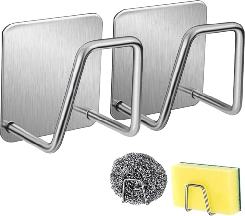 2 Pack Sponge Holder for Kitchen SinkStrong Adhesive Small Sink Holder for Brush and SpongePremium Rustproof SUS304 Stainless Steel Rust Proof Waterproof (Silver)