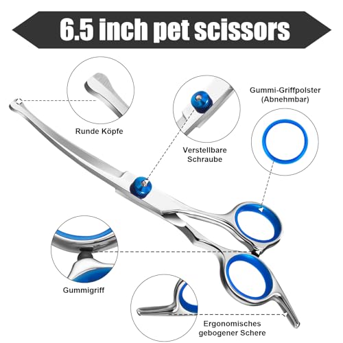 Jostift Hundeschere Set, Fellschere für Hunde und Katzen, Profi Runder Grooming Schere, Blau