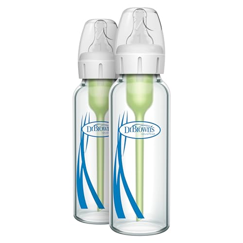 Image of Dr. Brown’s Natural Flow® Anti-Colic Options+™ Narrow Glass Baby Bottle 8 oz/250 mL, with Level 1 Slow Flow Nipple, 2 Pack, 0m+