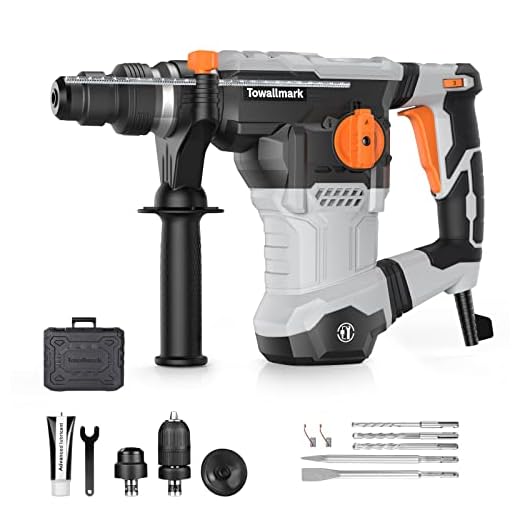[Upgraded] Rotary Hammer Drill, SDS Plus Hammer Drill 9.5Amp Anti-Vibration, Middleweight, 4 Function in 1 Knob Power Rotary Hammers for Concrete,Tile including Bits and Chisels-Towallmark