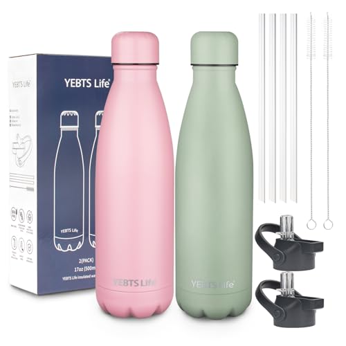 Insulated Water Bottle, 17oz Stainless Steel Water Bottles with straw lid, Metal Sports Water Bottles for Boys,Girls, Double Wall Vacuum BPA-Free Flask for School, Sports (Matcha & Pink)