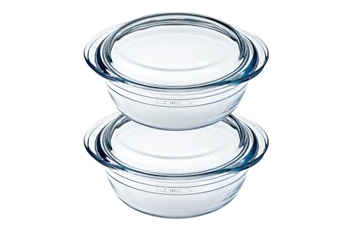 Ôcuisine® Casserole Glass Round Dishes with Handles Oven Safe - Freezer Safe - Microwave Safe Borosilicate Glass Made in France (Set of Two 2.1LT)