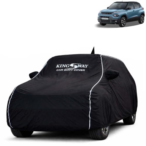 Image of KINGSWAY Super Waterproof Car Cover Only with Tata Punch (Year 2021 to 2025 - All Model) | Mirror and Antenna Pockets | All Weather Car Body Cover with Silver Piping | Black