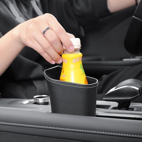 Image of Car Cup Holder Trash Can Leather Mini Garbage Bin With Trash Bag | Cup Holder Garbage Bin, Backseat Front Seat Door Compatible, Center Console Armrest Passenger Glovebox, Organization Storage