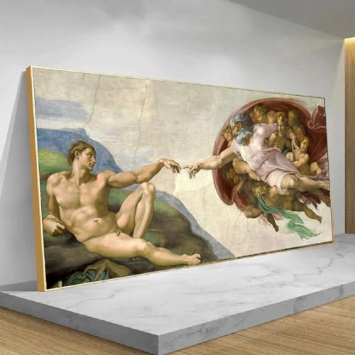 Art mural : La création d'Adam de Michel-Ange, tableau avec cadre pour salon moderne 70x145cm