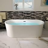 WOODBRIDGE 67" Acrylic Freestanding Bathtub Contemporary Soaking Tub with Matte Black Overflow and Drain,White Tub,B0057-MB