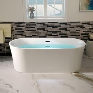 WOODBRIDGE 67″ Acrylic Freestanding Bathtub Contemporary Soaking Tub with Matte Black Overflow and Drain,White Tub,B0057-MB