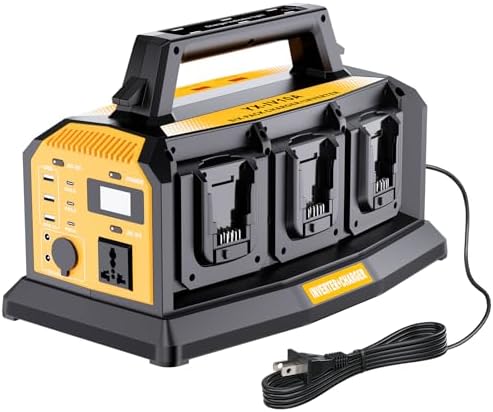 1000W Power Inverter Compatible with Dewalt 20V Li-ion Battery, 6A Battery Charger, 6-Port 20V to 120V Pure Sine Wave Inverter with LED Light, 3 USB-A Port, 3 USB-C Port, 2 DC Port, 12V Car Socket