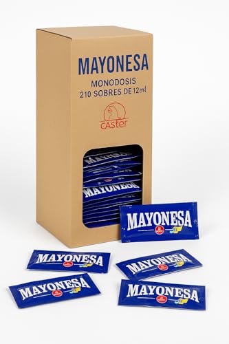 Mayonesa Monodosis 12ml – Caja Dispensadora con 210 Sobres Individuales | Receta Tradicional con Huevos 100% Origen España – Ideal para Hostelería y Uso Diario – Caster