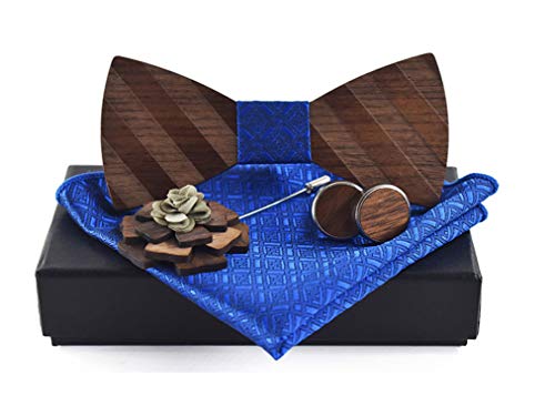 Men Royal Blue Party Banded Pre-tied Wood Bow Ties Set Elegant Banquet Prom for Grooms Wedding Wooden BowTie Necktie