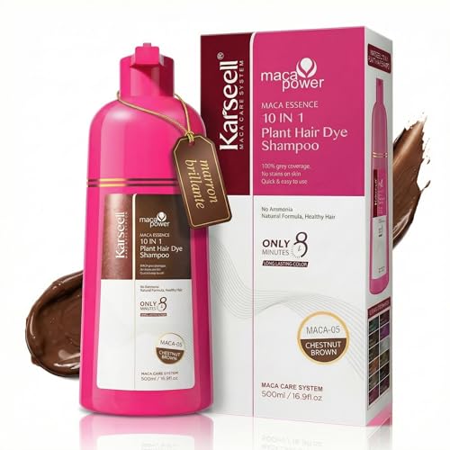 Karseell MACA CARE SYSTEM Champú Tinte Castaño Natural Chestnut Brown Cobertura Canas Instantáneo Aceite de Argán Queratina Hidrolizada Cabello Seco 5 Minutos Sin Parabenos Sin Siliconas 500ml