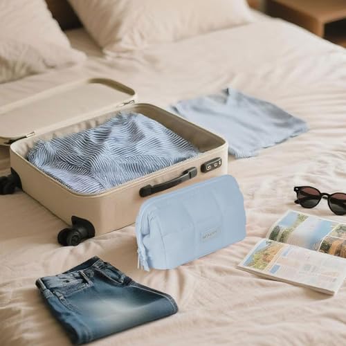 Image of Puffy Makeup Bag Travel Toiletry Bag, Waterproof Make Up Bag for Women, Lightweight Wide-open Cosmetic Bag with Multiple Compartments, Pouch Travel Essentials Toiletries, Blue